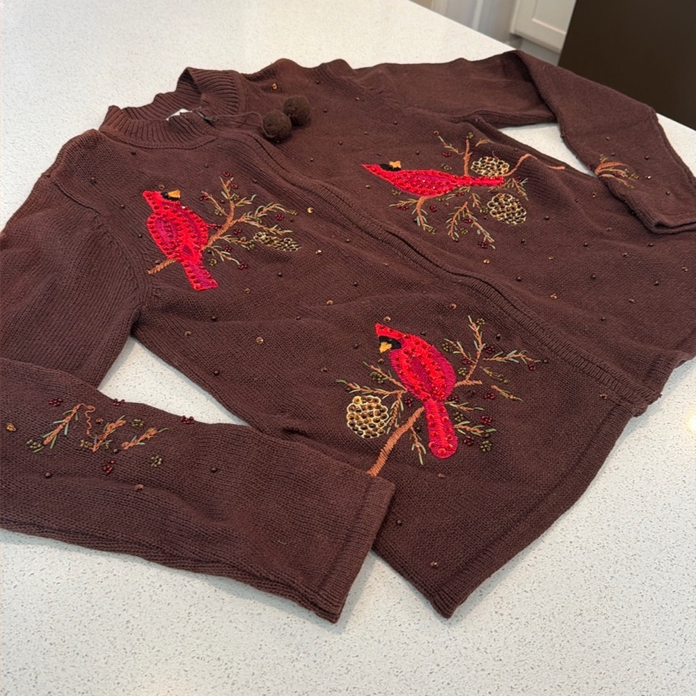 Vintage TIARA INTERNATIONAL Embroidered Cardinal Holiday Cardigan Sweater—SZ XL